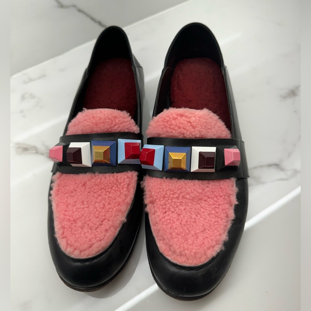Rainbow studded shearling & leather loafers